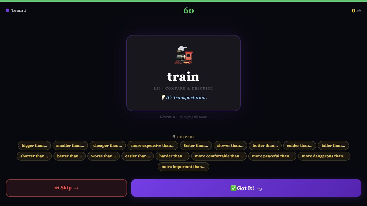 Say It clue-giving game with target word, timer, helpers, and team score