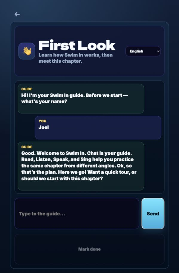 Swim In chat guide showing supported conversation and the chapter loop