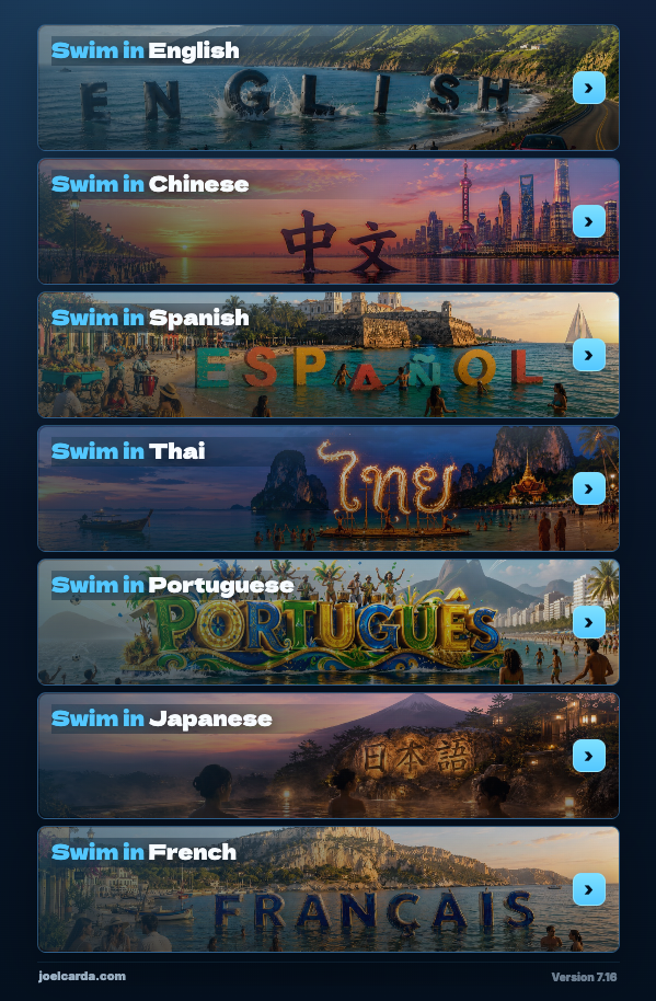 Swim In language selection screen with English, Chinese, Spanish, and Thai options