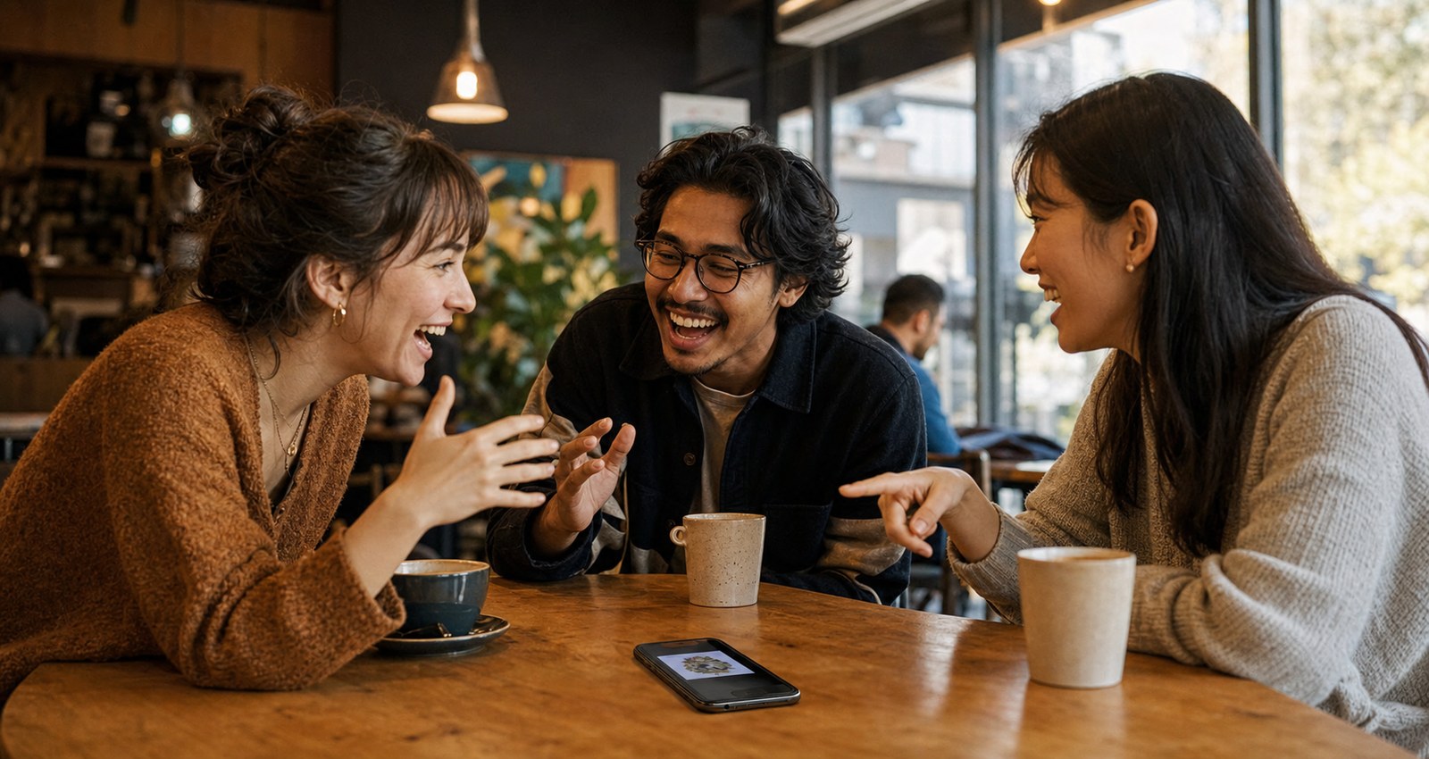 Three adult learners in a coffee shop using one phone for an energetic speaking game