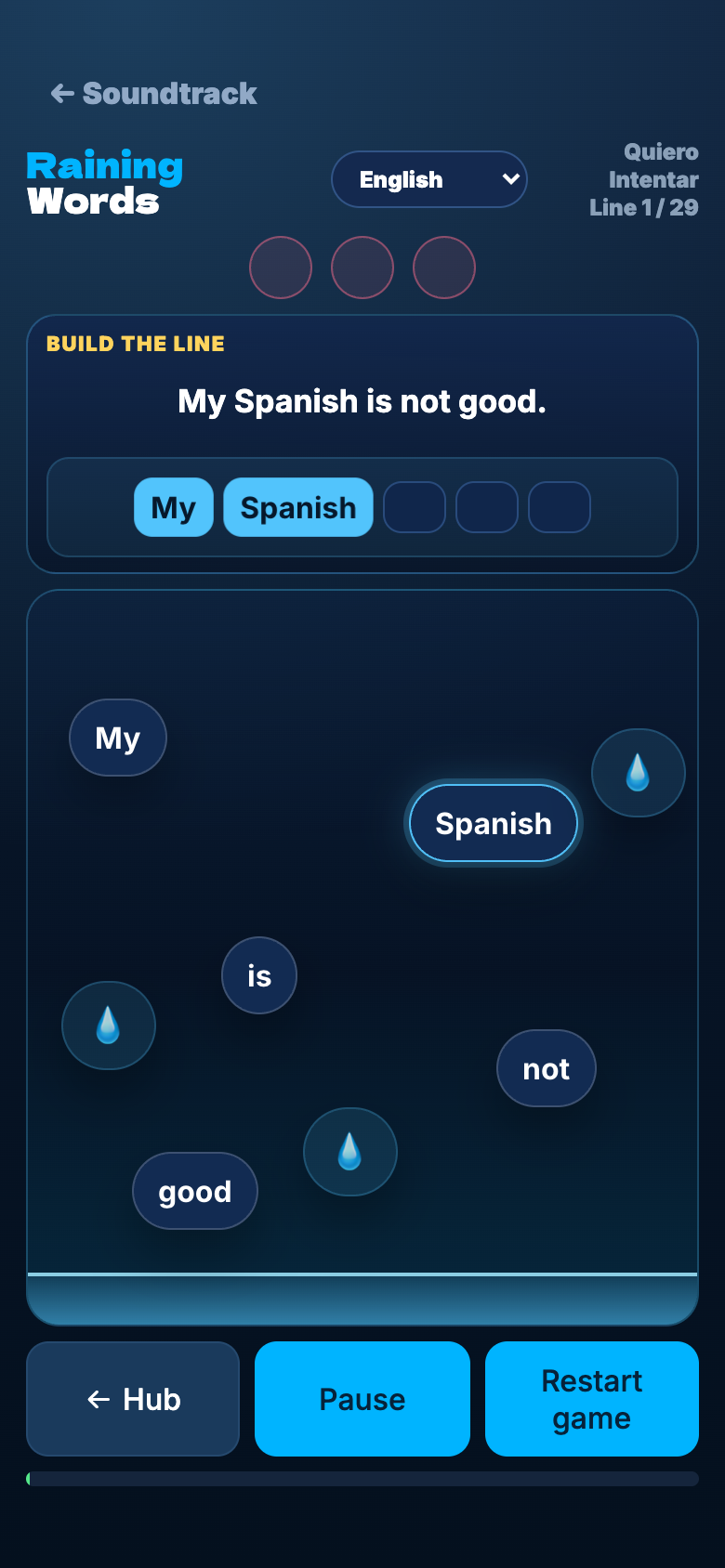 Swim In Raining Words game with falling words, raindrops, and a partly built lyric line