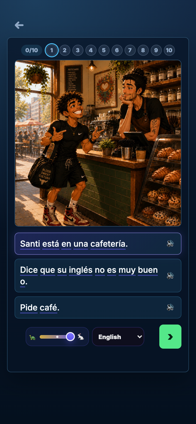 Swim In reading activity showing a cafe scene, Spanish phrases, audio, speed, and translation support