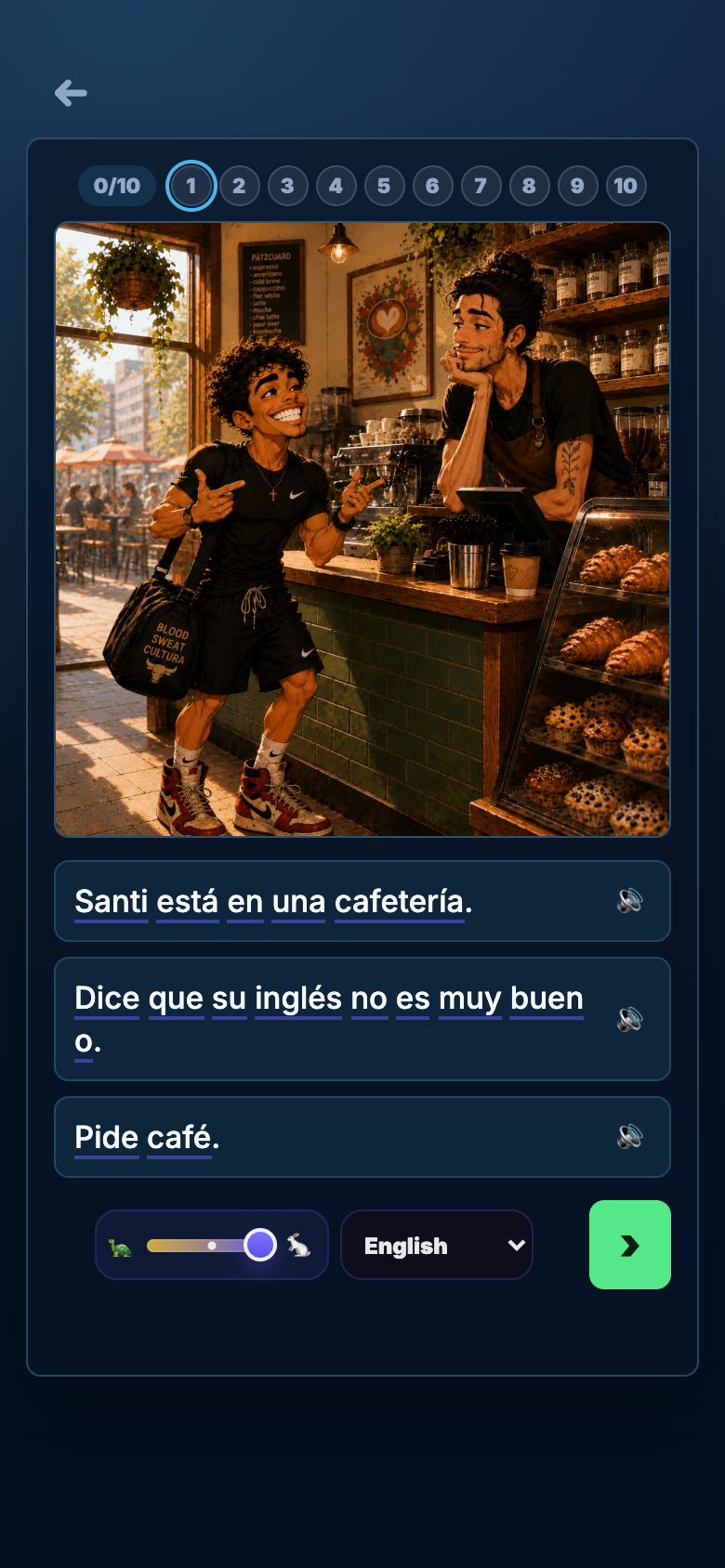 Swim In reading activity showing a cafe scene, Spanish phrases, audio, speed, and open translation support
