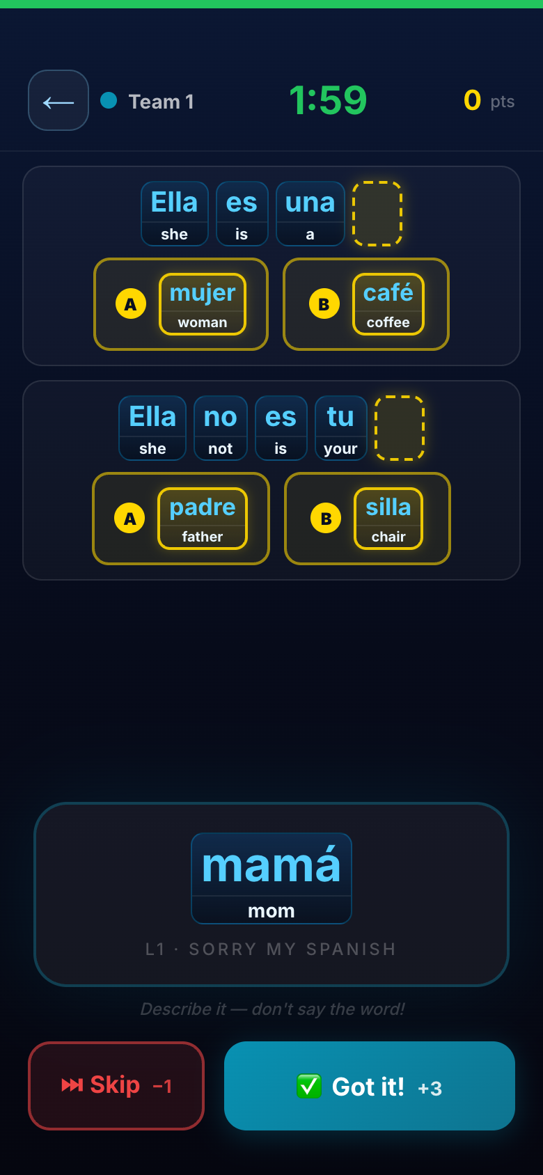 Swim In Say It team game showing Spanish clue scaffolds, timer, team points, and Got it button