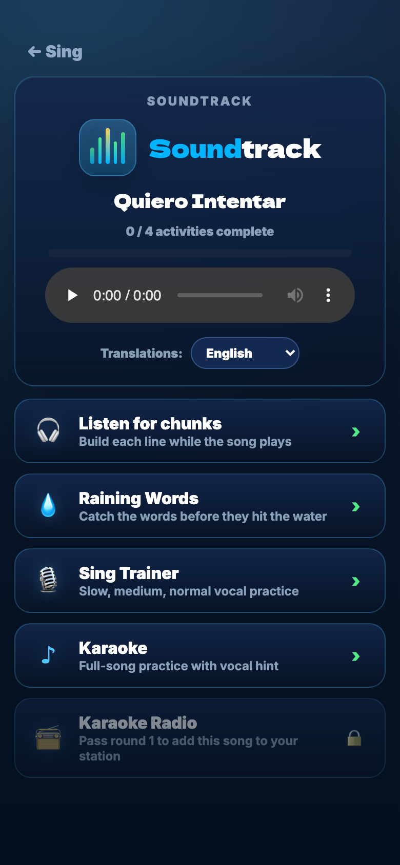 Swim In Soundtrack hub with Listen for chunks, Raining Words, Sing Trainer, Karaoke, and translation support