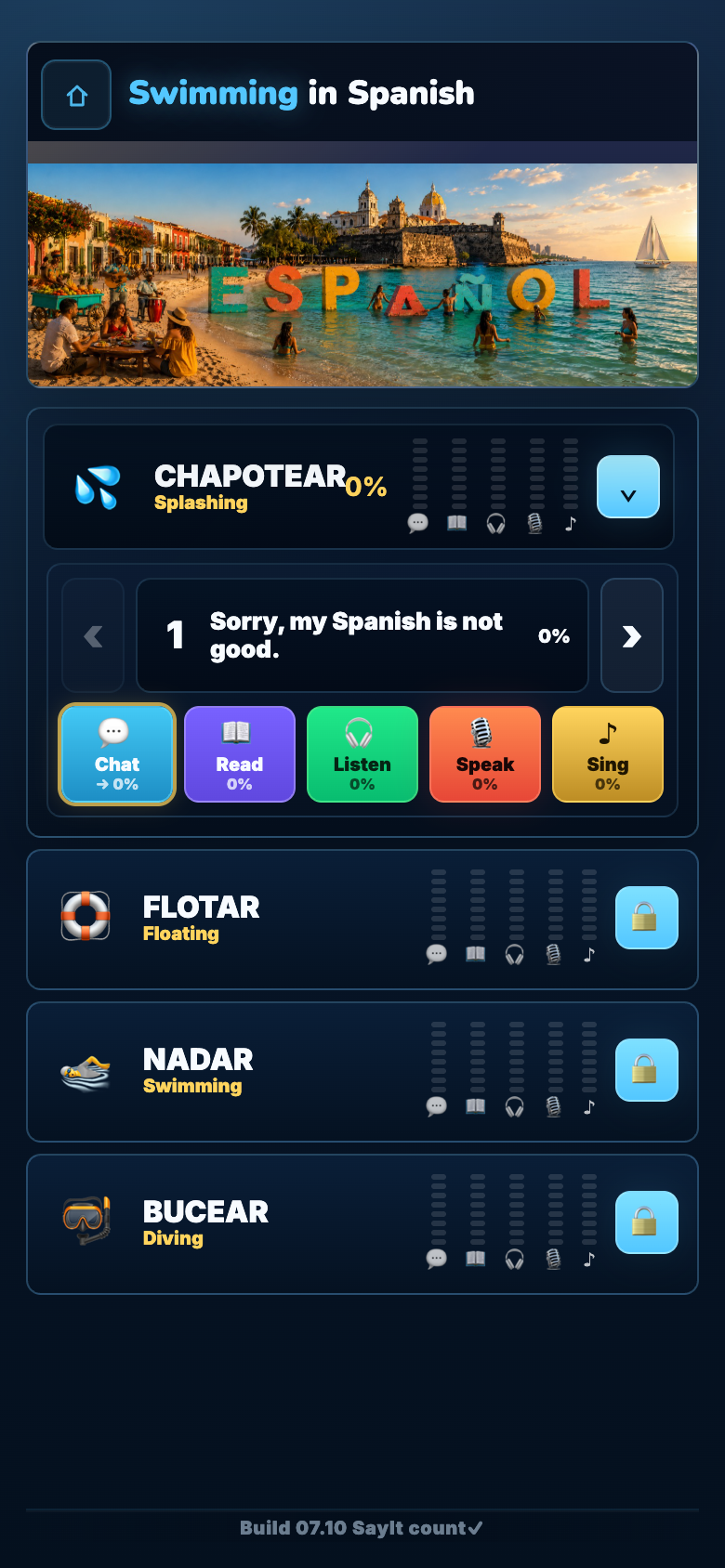 Swim In Spanish chapter folder with Chat, Read, Listen, Speak, and Sing options