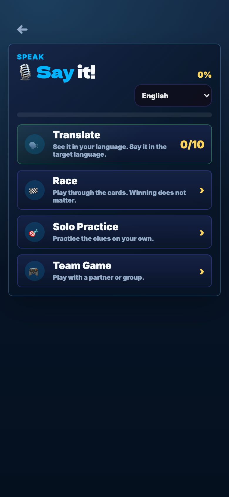 Swim In Say It hub with Translate, Race, Solo Practice, and Team Game options