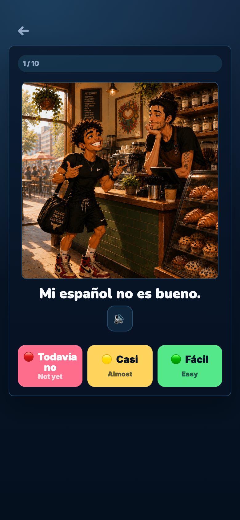 Swim In speaking practice screen with a phrase, image support, and self-rating options